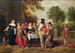 Empresa elegante sentada a uma mesa em um jardim formal (óleo em painel maruplado)